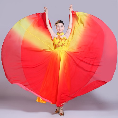 Women's Chinese folk dance dresses red yellow gradient China ancient traditional yangko falmenco ballroom dresses